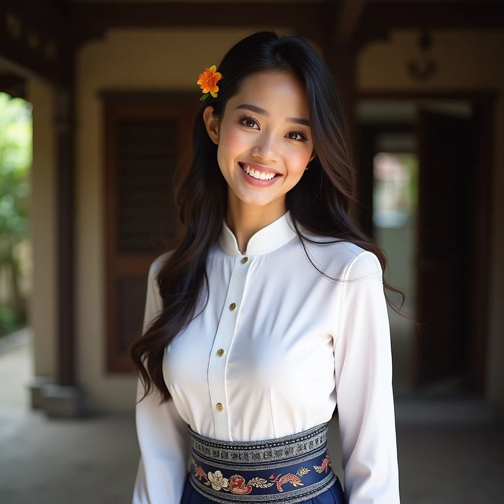 A beautiful Thai woman with sharp features, fair skin, dark eyebrows, long curled eyelashes, big round eyes, long hair, with a flower tucked behind her ear. She is wearing a white long-sleeved mohom (a type of Thai shirt) with a Thai patterned belt and a navy blue Thai patterned skirt. The background is an old-style house. She has a beautiful smile revealing her teeth.