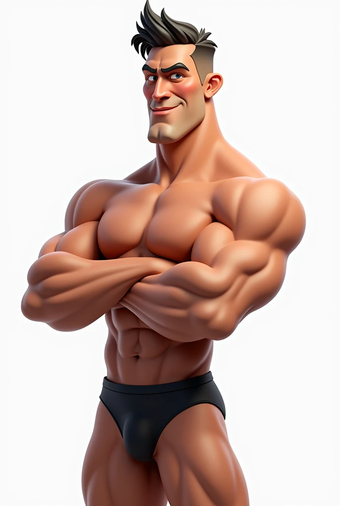 Caricature, handsome man,semi-realistic, huge muscles,shirtless, topless, muscle,wearing black underwear ,huge pectoral, white background