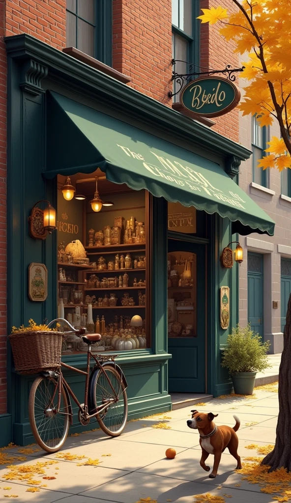 Imagine you're looking at a vintage store, with a storefront full of antiques and curiosities. The art deco sign adds a touch of elegance to the ambiance. In front of the store, an antique bicycle rests against a brick wall, evoking memories of past adventures. Fallen leaves from trees create a golden carpet on the ground, while a playful dog runs after a ball in the street.