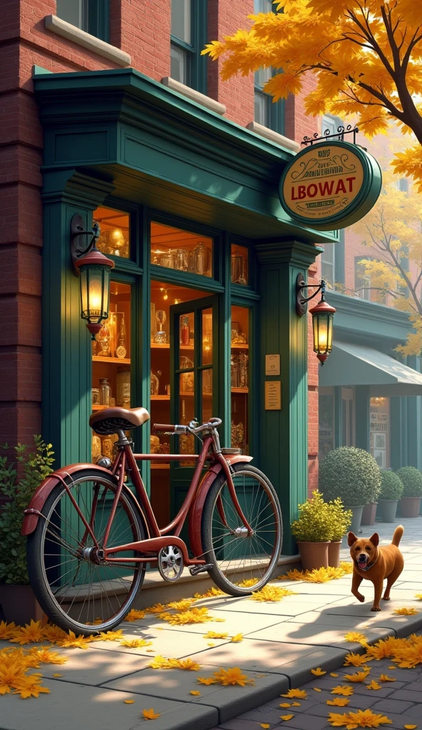 Imagine you're looking at a vintage store, with a storefront full of antiques and curiosities. The art deco sign adds a touch of elegance to the ambiance. In front of the store, an antique bicycle rests against a brick wall, evoking memories of past adventures. Fallen leaves from trees create a golden carpet on the ground, while a playful dog runs after a ball in the street.