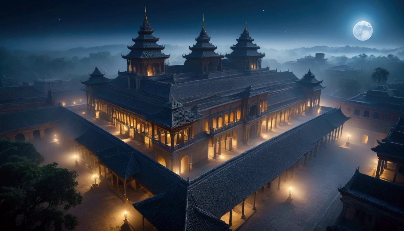 Mysterious deep Fog, light particles, old palace, el dorado, moon, from above, cinematic lighting, cinematic angle,