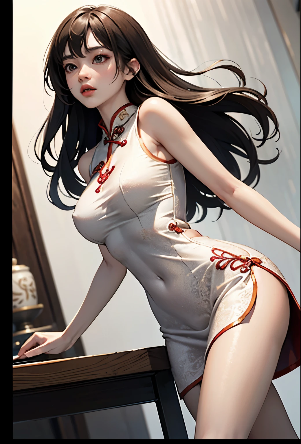 Cheongsam Girl，Long Hair，Pure white background，Depth of written boundary，Low angle view，Calf Level View，Overclocked Renderer，Cinema Lighting，Ultra-fine，Very detailed，complicated，Cinematic Perspective，CG Art，