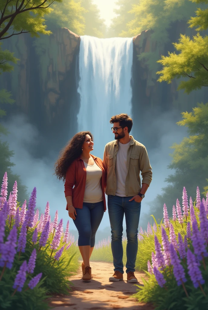 Image a plus size women and a slim man wearing specks and looking at her happily they are going for a walk in a beautiful water fall in forest around violet flowers morning time with mist