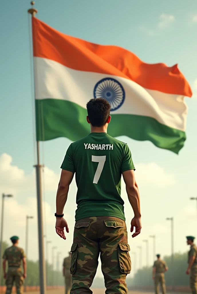 A huge tricolor flag of India is fluttering, An 18 year old gym army man is Saluting in front of it facing towards the flag and the boy is wearing a green T-shirt. -Is wearing a shirt with 'Yasharth' written on it and 7 written below 'Yasharth' and he is wearing army cargo pants and his back is visible don't forget to write your name flag is completely visible