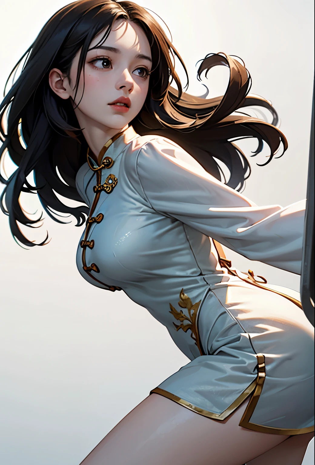Cheongsam Girl,Long Hair,Pure white background,Depth of written boundary,Low angle view,Calf Level View,Overclocked Renderer,Cinema Lighting,Ultra-fine,Very detailed,complicated,Cinematic Perspective,CG Art,