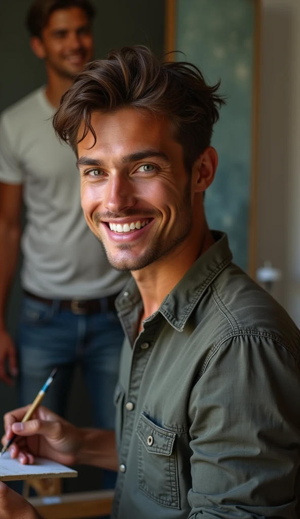 photorealistic, best quality, masterpiece, extremely detailed, extremely handsome, 25 year old man, huge smile, looking at camera, he is painting an half--finished portrait of another man who is wearing jeans and tshirt, in personal art studio, extremely romantic atmosphere, perfect face, perfect fingers, perfect hands, perfection