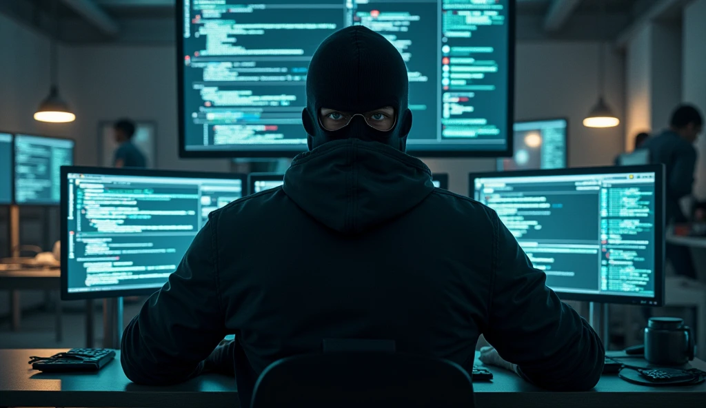 strong hacker man in balaclava