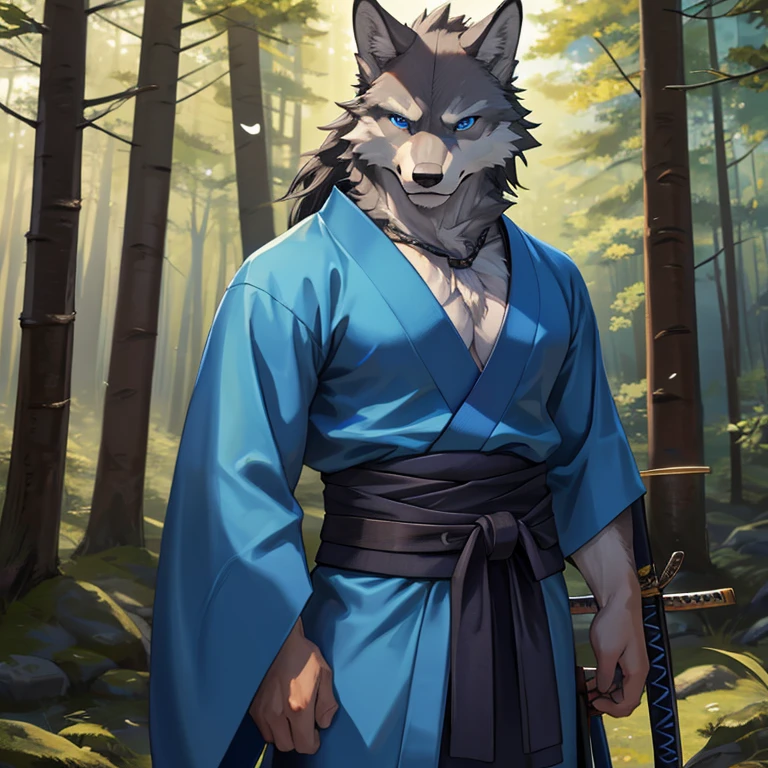 Masterpiece, best quality, high quality, 1male anthro Grey wolf, Solo, has Blue eyes, wears a Blue Kimono, slim body, muscular build, Anatomically correct, Samurai, katana on his hand, serious expression, in the forest, sunny day