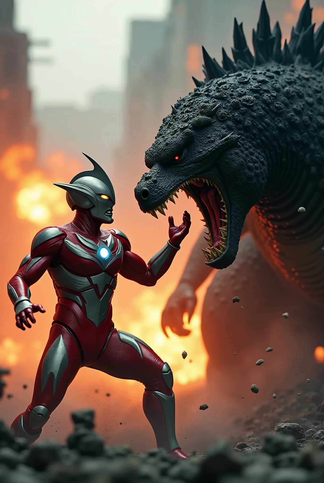 Tilt shift photography ultraman riding godzilla,godzilla mouth ripped open,brutal fight scene,cinematic lighting,highly detailed,realistic,photorealistic,extremely detailed,4k,8k,high resolution,best quality,masterpiece,ultra detailed,sharp focus,intense colors,dramatic shadows,dynamic composition,hyper realistic,cinematic angles,action poses,cinematic atmosphere