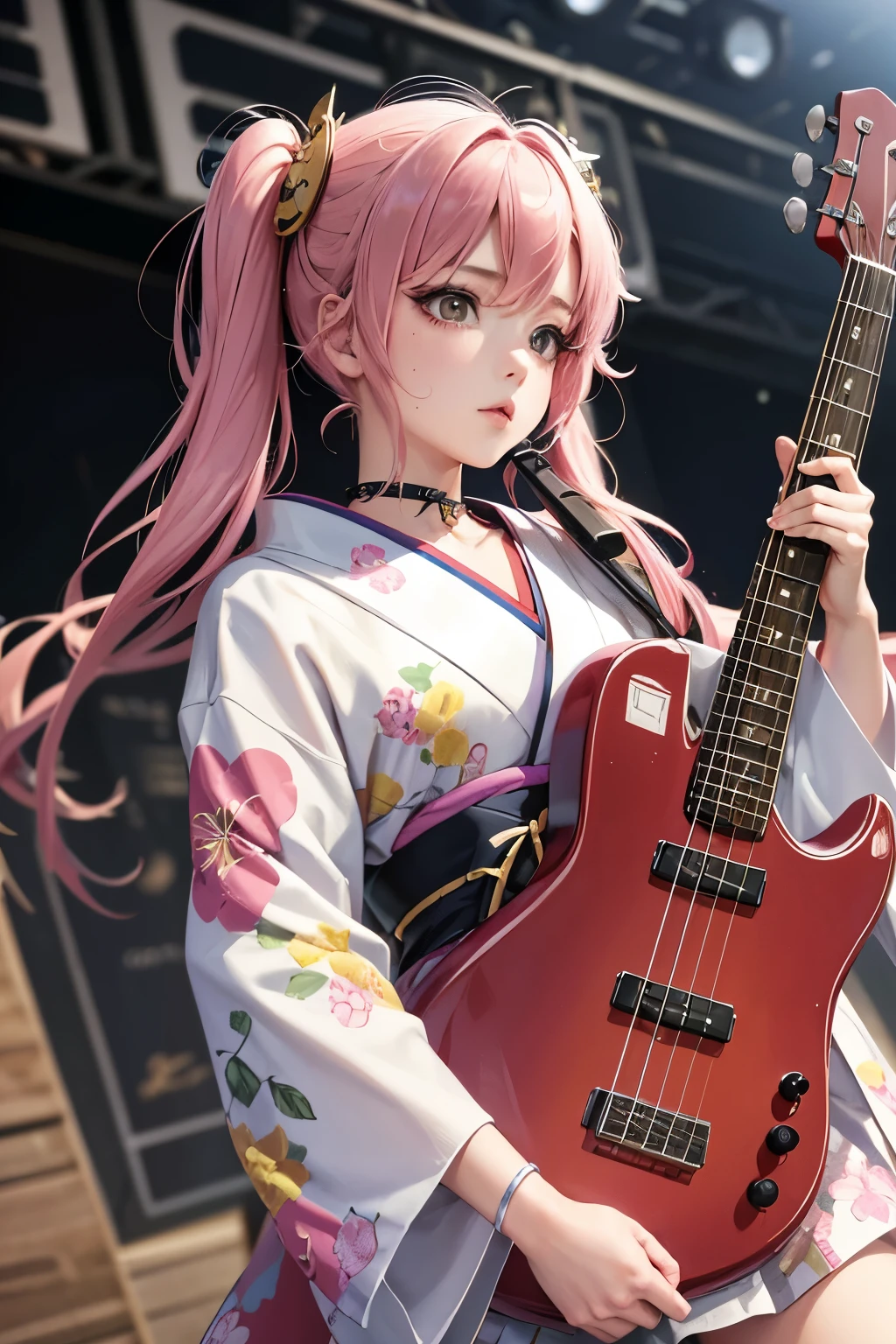 masterpiece, best quality, very detailed, high resolution, expensive resolution, high resolution, 4K, 8k, Unity 8k wallpaper, highly detailed CG, masterpiece, 2D, 3D, beautiful details, depth, fine texture, best quality: 1.3, perfect focus, crispy skin, he,
Very cute anime girl, girl playing baseguitar vocals in a band wearing a Japanese fancy floral haori hakama, on outdoor stage, full body, expensive pink twin tail hair, mole under eye, looking at the viewer, expensive, blush, mole, lips open, , heart choker, pink eyes, guitar vocals, stage,Full body of an anime girl with pink twin-tailed hair wearing a Japanese kimono and playing a bass guitar on stage at a cyberpunk festival