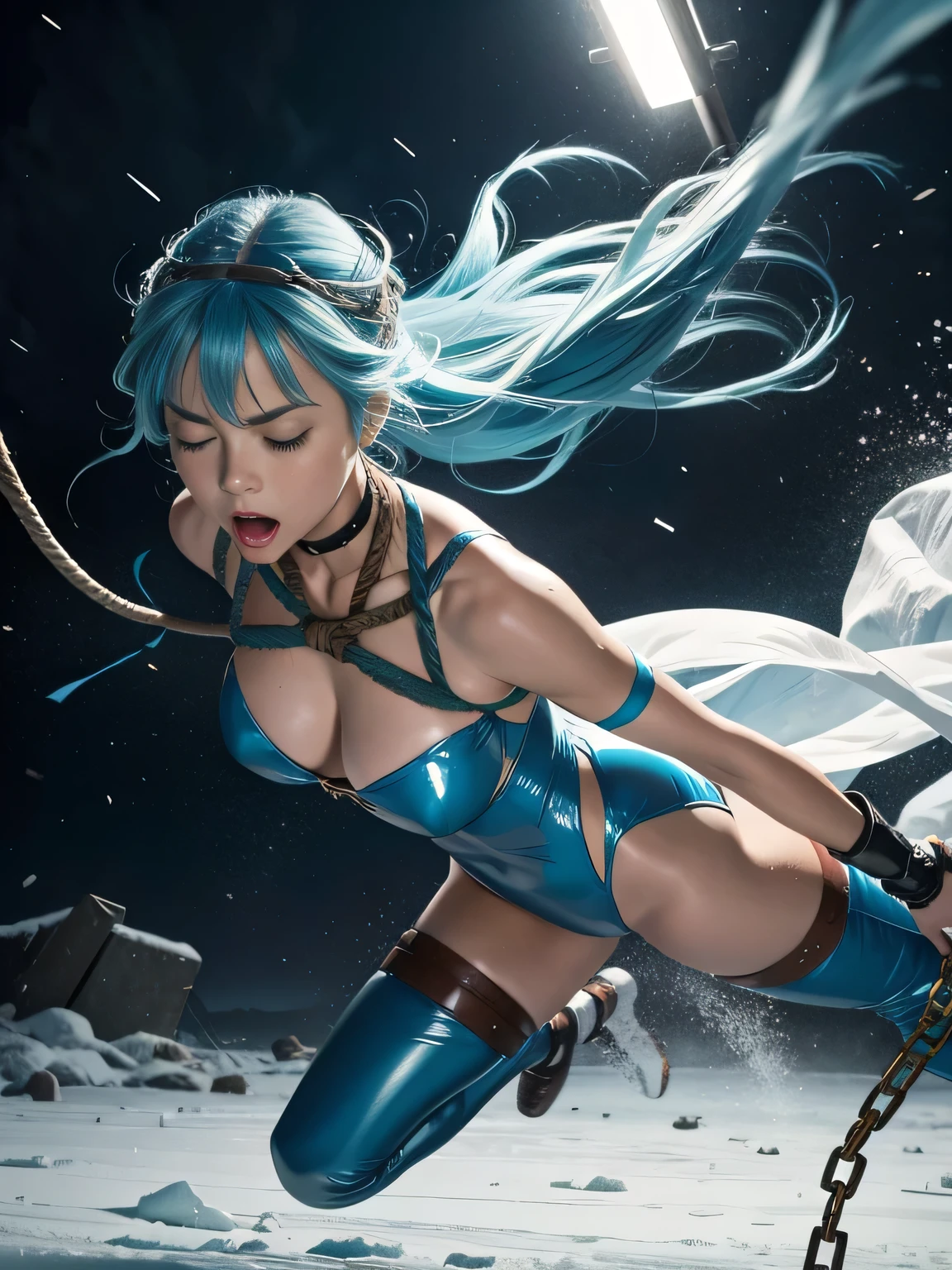 superheroine, long long gorgeous light blue hair, ((rough rope wrapped around body, tighten up)), latex, leotard, skyblue and white costume, captured, shibari, static restrained, ((arms behind back)), chained, rope bind,collared, cruelly, painful, helpless, humiliating, regrettable, being whipped,((screaming in pain)), falling body, eyes closed, running away, ((received direct hit from ice bom)), ice explosion hit her body, lean back, body lying down, body fall down, floating in air, full body shot, in land of ice, bondage