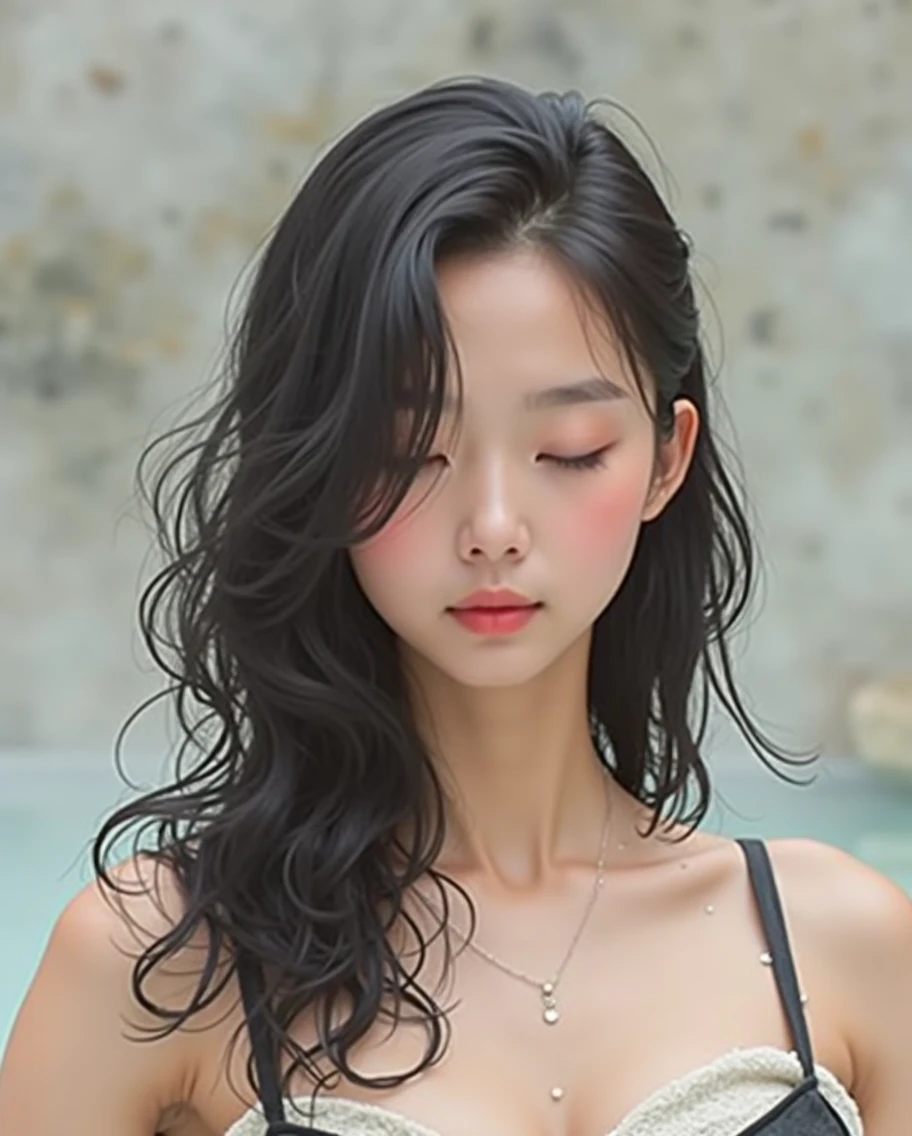 ((masterpiece)), ((best quality:1.4)),(( The surrounding scene is filled with hot spring water mist and heat)) A young Japanese girl leaned casually against a large stone at the edge of the hot spring pool.. She was wearing a large bath towel, revealing only her smooth shoulders and slender neck., She closed her eyes comfortably, letting half her body soak in the hot spring, subtly revealing her full breasts., Her black hair was damp with mist. Water droplets hung from her fine hair.), hydrated skin, skin shiny, glowing skin.