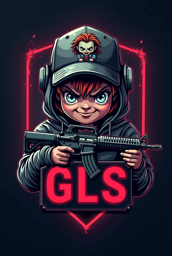 Create a mascot logo where the mascot is a gamer boy with his face covered and wearing a cap with a Chucky doll holding an assault rifle and a sign below with the letters GLS