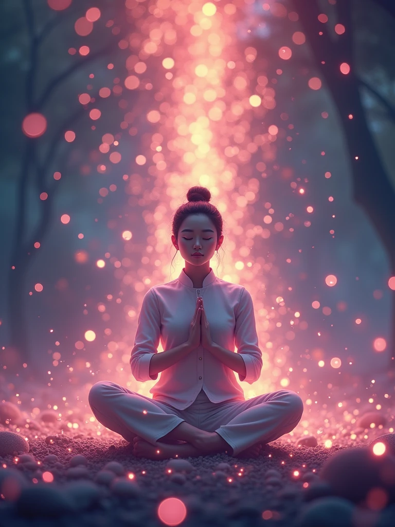 Chinese,meditate with your legs crossed, in the center,Very bright color, Particles of light, The light shines, Musibu, Wallpaper Art, UHD wallpaper,Put your hands together
