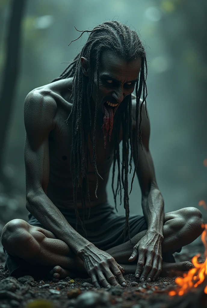 Depiction of an Aghori consuming human flesh or fluids in a post-mortem ritual, with a sense of eeriness and mysticism." Image with realistic vision v6.01 b1