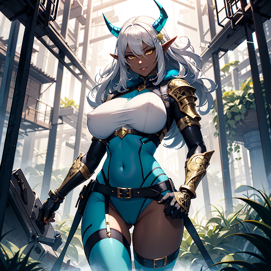 ((best quality)), (detailed), 1 women big pornstar heavy knight armor, 8k_wallpaper, extremely detailed eyes, (large masterpiece digital art), (intricate details:1.3 ), (ultra-detailed:1.3), (sharp focus:1.3), (natural lighting:1.05), (vivid colors:1.3), (best quality:1.4), expressive eyes, full body, detailed face, beautiful face, perfect face, ((hair sandy white curls)), ((gold horns)), (gold eyes), {{dark skin}}, ({dark skinned female}), (big breasts), huge chest, big wide ass, powerful relief muscles of the abdomen and legs, powerful strong muscles of the arms, belly piercing with blue emeralds, cruel predatory and cold-blooded arrogant look and smile, an open blue coat with rolled up sleeves and white fur, a translucent blue crop top with very clear outlines of huge pointed nipples with large piercing holes under the fabric, steel combat pauldrons, steel bracers and leather gloves, a wide silk yellow belt lowered below with large gold yarn, leather pants with steel silver shields on the hips under which I can see the clear outlines of a large vagina, a small hiking backpack, a walk at dusk through a dense dark forest and the ruins of an elven village against the backdrop of vines and blooming flowers glowing in the dark in different shades,