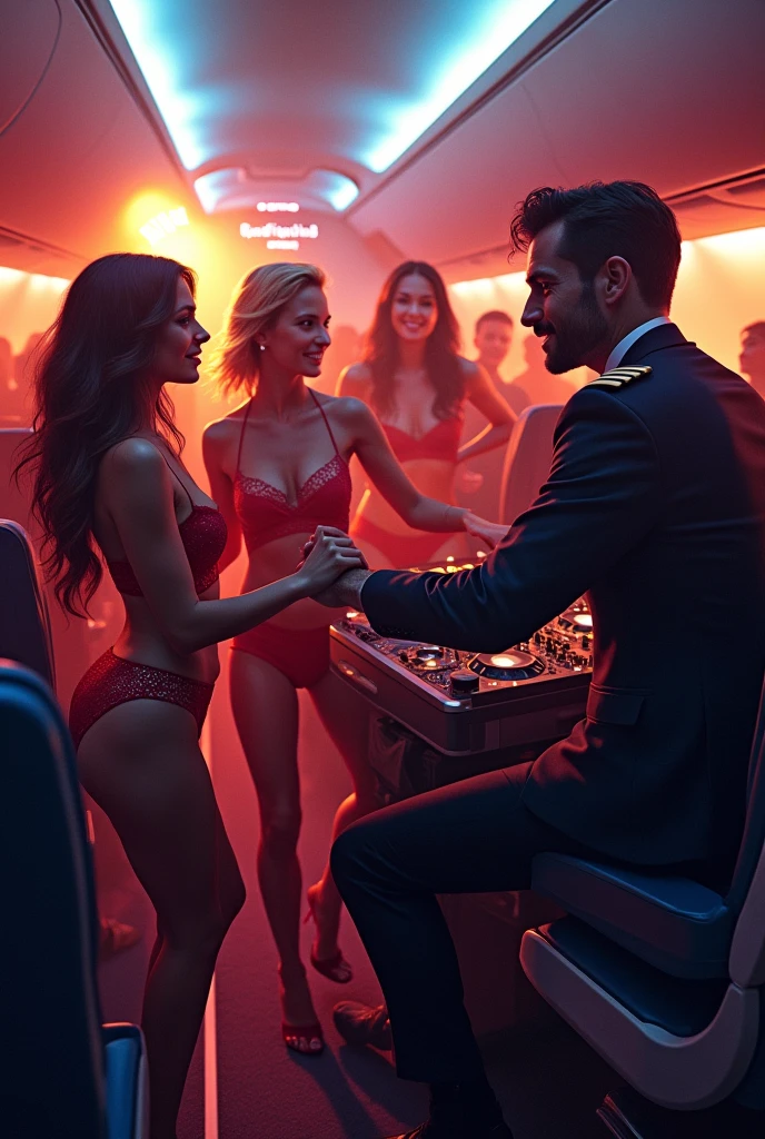Party on a plane where the DJ is the commercial plane pilot,there's a lot of fire and the stewardesses are very sexy dancing and there are many young people ,and on a wall it says next stop QUIEBRA CANTO BAR
