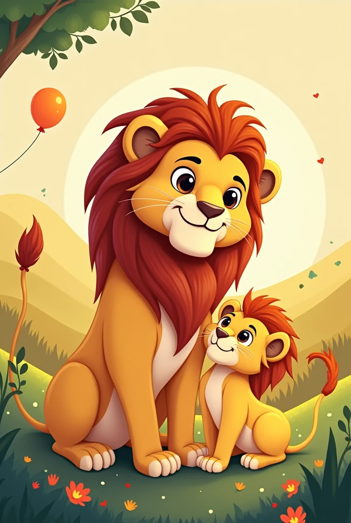 5 Year Anniversary card featuring a cute, cartoonish 3 Lions, Pride Male Father, Lionesses Mother, and its small cub. The design is playful and light-hearted, perfect for celebrating the special bond you share