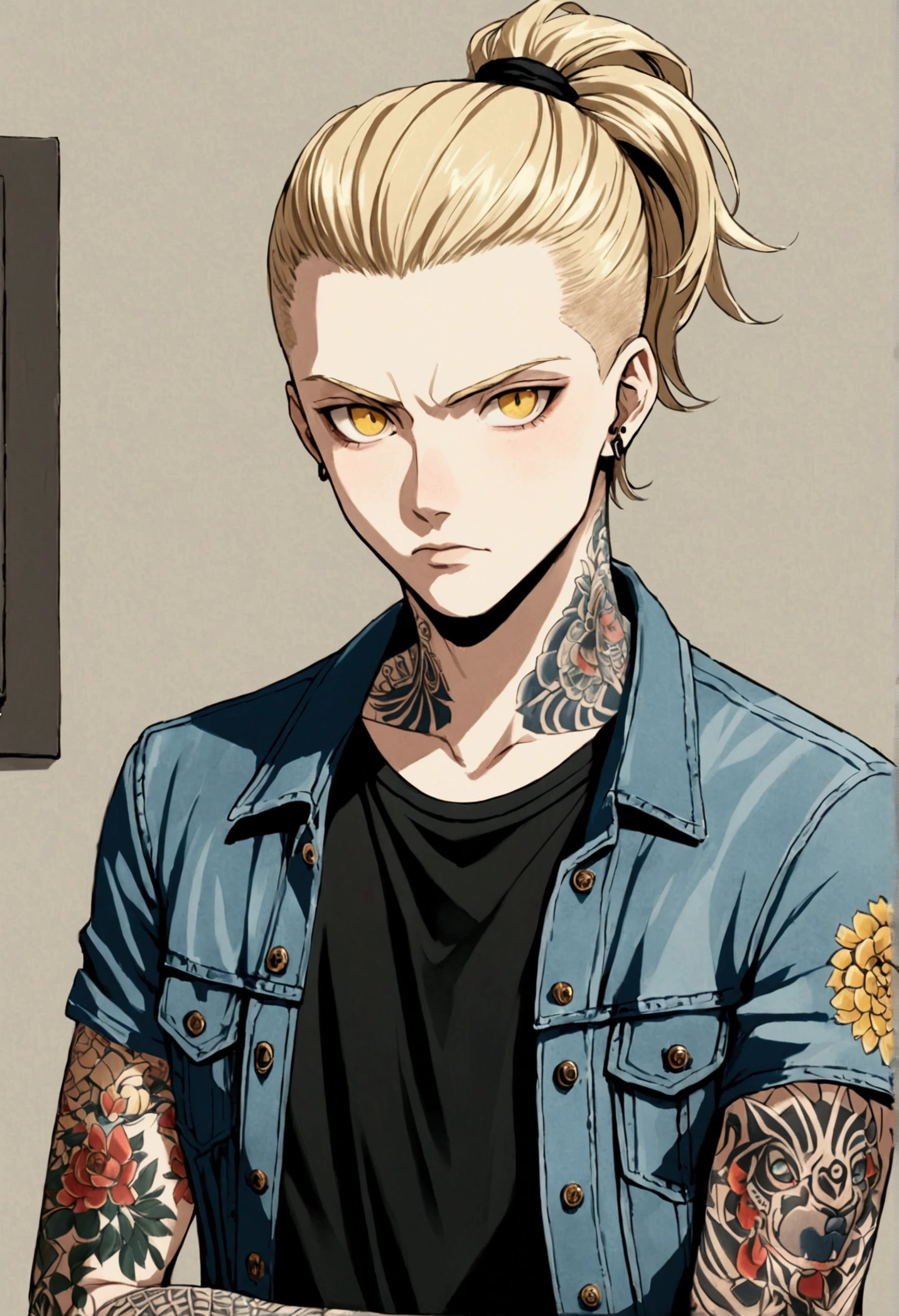 1 guy. pale. blond, hair tied in a small ponytail. yellow eyes, pupils like a cat's. Black t-shirt. Blue denim jacket. tattooed