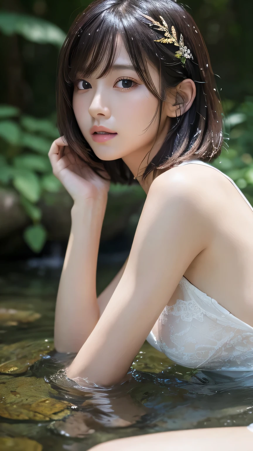 ((of the highest quality, 8K, masutepiece: 1.3, Raw photo)), Sharp Focus: 1.2, (1 AESPA Girl :1.1), Solo, (Realistic, Photorealistic: 1.37), (Face Focus: 1.1), Cute face, hyperdetailed face, (short messy hair: 1.2), Small Smile, (Small breasts, flat chest: 1.1), nude, sitting, (taking off her chiffon dress shirt: 1.2), thigh, Picturesque lakeside cottage surrounded by nature, flower, Orchid