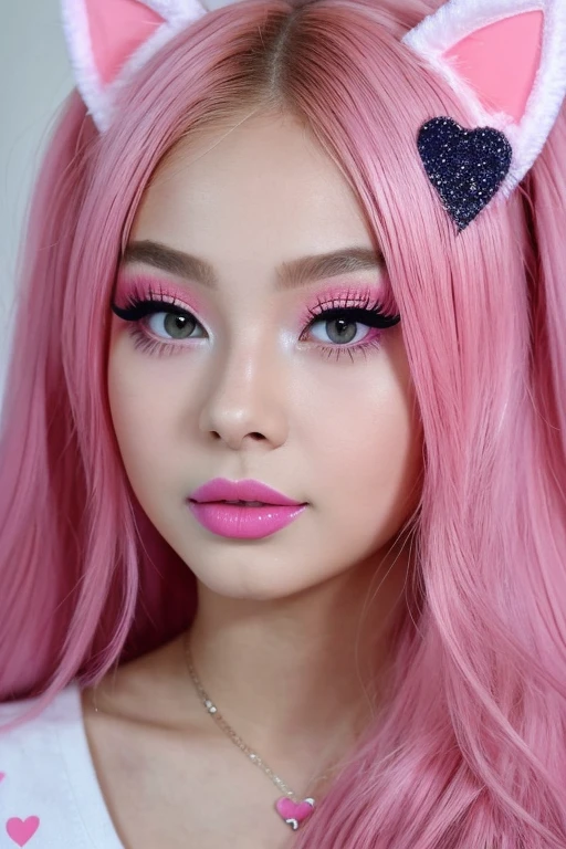 A close-up of a person with pink makeup and a pink heart., Tick tock video, Pop Makeup Style, ig model | ArtJam, trending on Tick tock, Very beautiful cute cat girl, Surreal Teen, Inspired by Yanjun Chen, A face like Ester Exposito, Instagram Filters, Instagram Stories, Tick tock, Young and beautiful amoranthus, Instagram Model