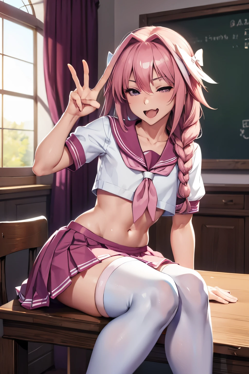 masterpiece, best quality, 1boy, Astolfo, long braid, white hair, purple eyes, short sleeves, hair bow, black bow, pleated skirt, pink hair, serafuku, white thighhighs, pink skirt, single braid, navel, flat chest, skirt, long hair, sailor collar, hair intakes, streaked hair, school uniform, sitting on chair, across tabel, food, dish, closed eyes, open mouth, fang, smiling, peace sign, topless