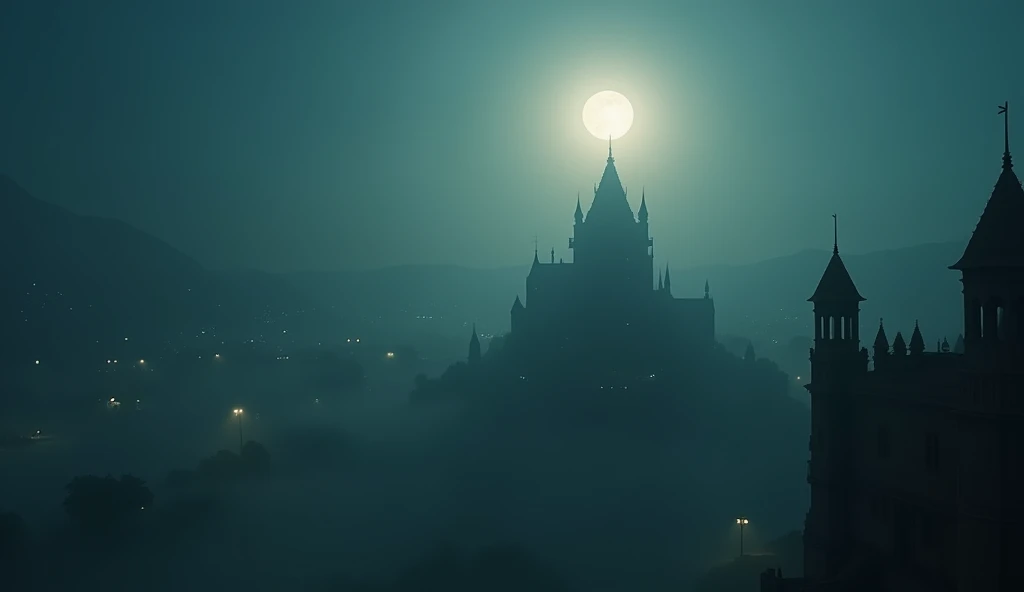 Mysterious deep Fog, light particles, old palace, el dorado, moon, from above, cinematic lighting, cinematic angle,