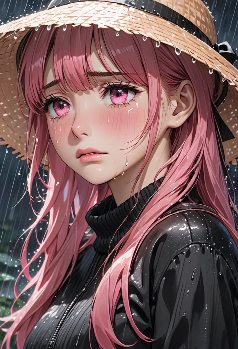 an as a woman with pink hair and a black outfit is wearing a straw hat, 1girl, solo, rain, pink hair, crying, tears, pink eyes, black sweater, long hair, crying with eyes open, bangs, closed mouth