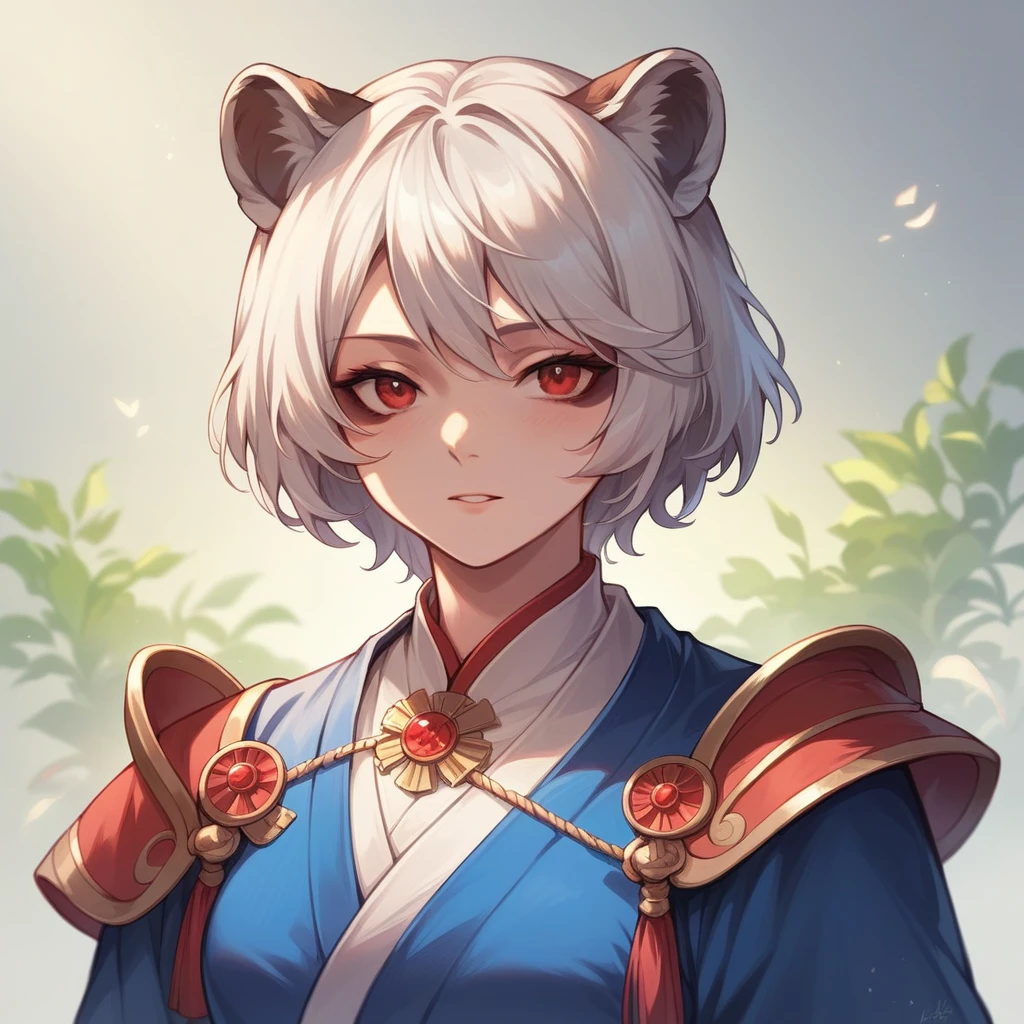 ((Best quality)), ((masterpiece)), (detailed) Girl, Short white hair, Red eyes, Raccoon ears, White Blue kimono.