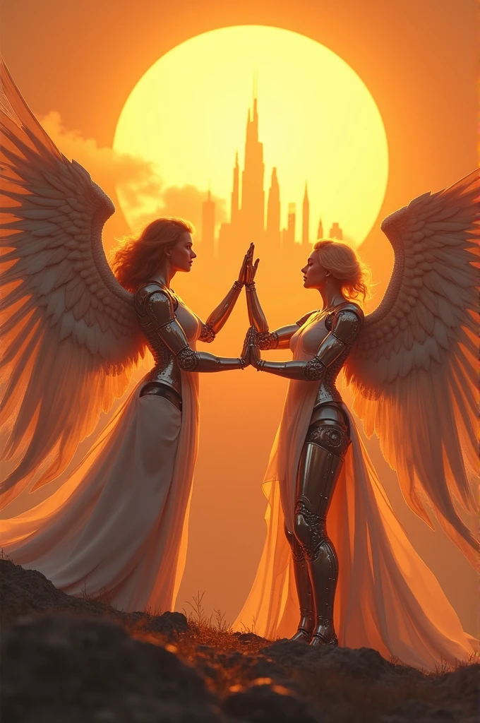 two cybernetic angel holding hands, they're like praising the sun, while there's a floating city in the middle of the sun covering it 65%