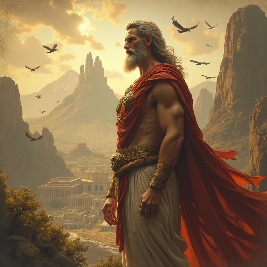 the god zeus, with a smile, and with a Greek-style city in the background. Fantastic flying fantasy animals. Panoramic room. aged image.