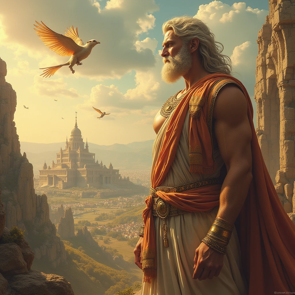 the god zeus, with a smile, and with a Greek-style city in the background. Fantastic flying fantasy animals. Panoramic room. aged image.