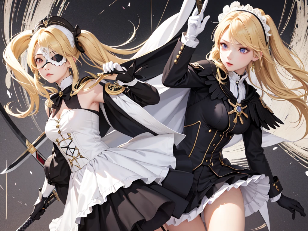 (Ultra extreme detailed),(Masterpiece),(Ultra extreme),(Realistic),CG,(color:1.2), Strong lighting,Light from behind,evaluation:Safety,One blonde, one alone., black,Blonde twin tails,length hair,blue eyes,white_gloves,garter_strap,absolute_ryouiki,Pleats_skirt,white_skirt,blackcolorストーキング,expensive_Heel,white shrite,length_sleeve,black_Cape,short_whiteいショートドレス,Shoulder guard、Lace on chest、((Eye patch、Eye mask))、((Holding a sword))