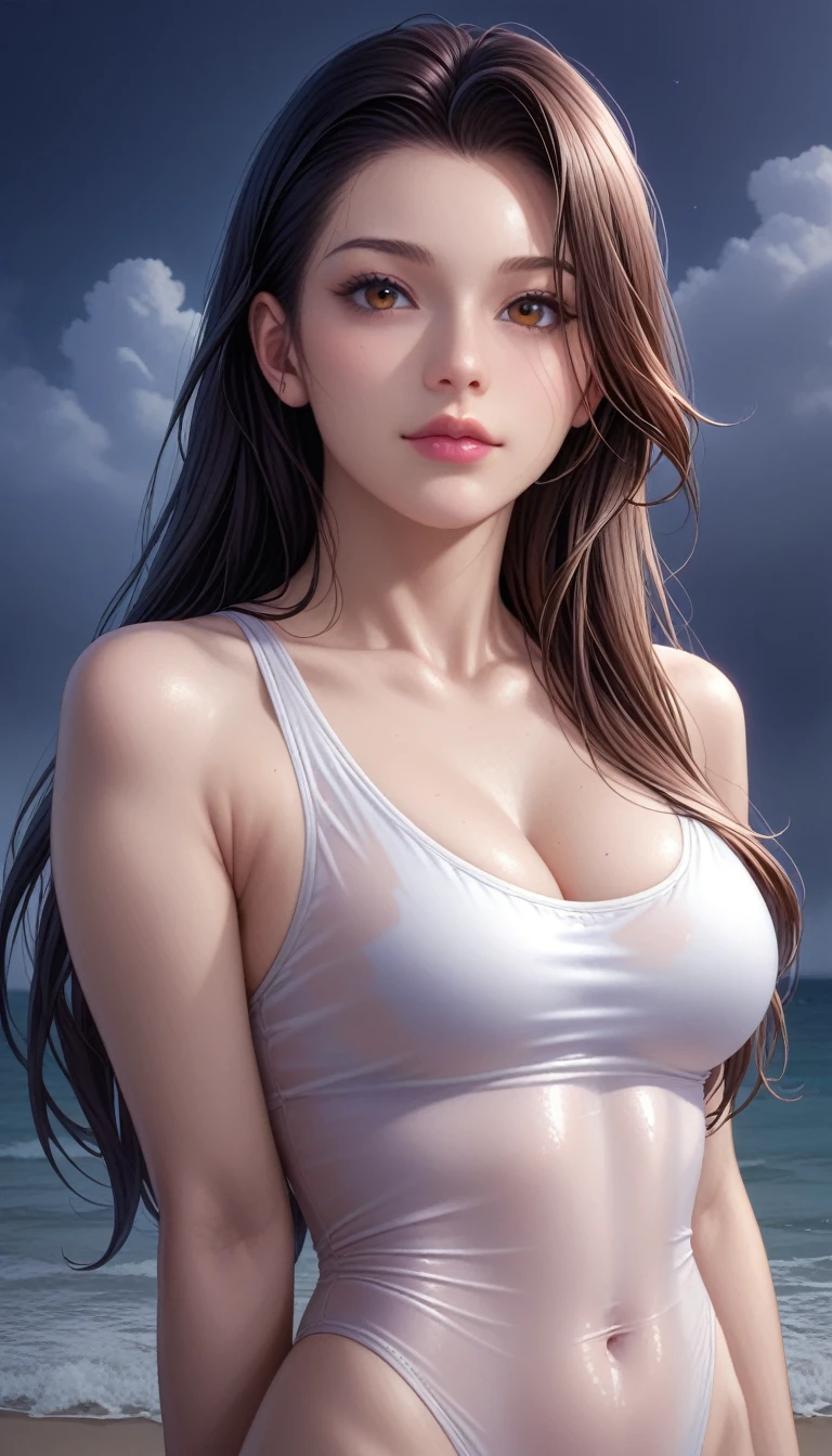 score_9, score_8_superior, score_7_superior, High-resolution CG illustration,A masterpiece in 32K resolution,Highest quality,it is really amazing,Very detailed,Ultra-high resolution,Ultra-realistic,Realistic,Increased depth of field,Cinematic lighting,
Sexy mature Japan woman,
Straight long hair with black hair,Ultra-detailed and beautiful face,Calm and gentle look,Beautiful brown eyes,Translucent white skin,Realistic skin texture,Great proportions,
Sexy high leg swimsuit,
Artistic design,Chic color scheme,Detailed fabric texture,
Dark overcast sky on a dull night,Dark clouds filling the sky,Thundercloud,Coastline at night,Stormy seas,delay々A desolate sandy beach that continues,
Cleavage up,Cinematic Angle,