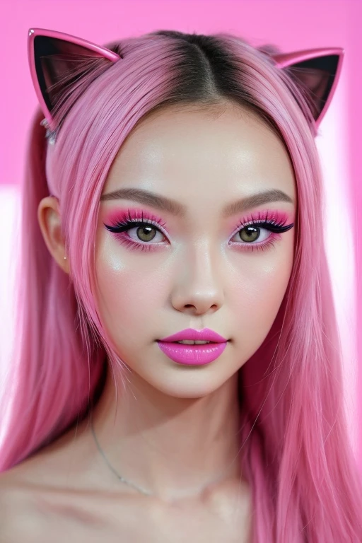 Close-up of a person with pink make-up and pink hearts, Hyperrealistic paintings inspired by Yanjun Chen, Instagram, Digital Art, Tick tock video, Pop Makeup Style, ig model | ArtJam, trending on Tick tock, Very beautiful cute cat girl, Surreal Teen, A face like Ester Exposito, Instagram filter, Tick tock, Instagram story