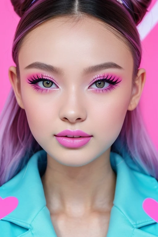 Close-up of a person with pink make-up and pink hearts, Hyperrealistic paintings inspired by Yanjun Chen, Instagram, Digital Art, Tick tock video, Pop Makeup Style, ig model | ArtJam, trending on Tick tock, Very beautiful cute cat girl, Surreal Teen, A face like Ester Exposito, Instagram filter, Tick tock, Instagram story