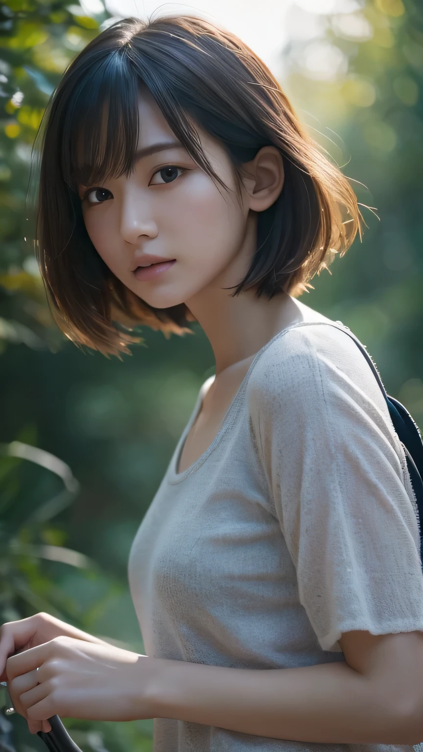 (Ultra-realistic), (figure), (High resolution), (8k), (Very detailed), (Best figure), (Beautiful and detailed), (Highest quality), (Super detailed), (masterpiece), (wallpaper), (Detailed face), alone, One Girl, watching viewer, Trendy clothes,Less exposure、Fine details, Detailed face, In the Dark, Deep Shadow, Modest, Pure Erotic Face Ace_v1, cool, short hair, Pointed diagonal bangountaineering、in the forest、hiking