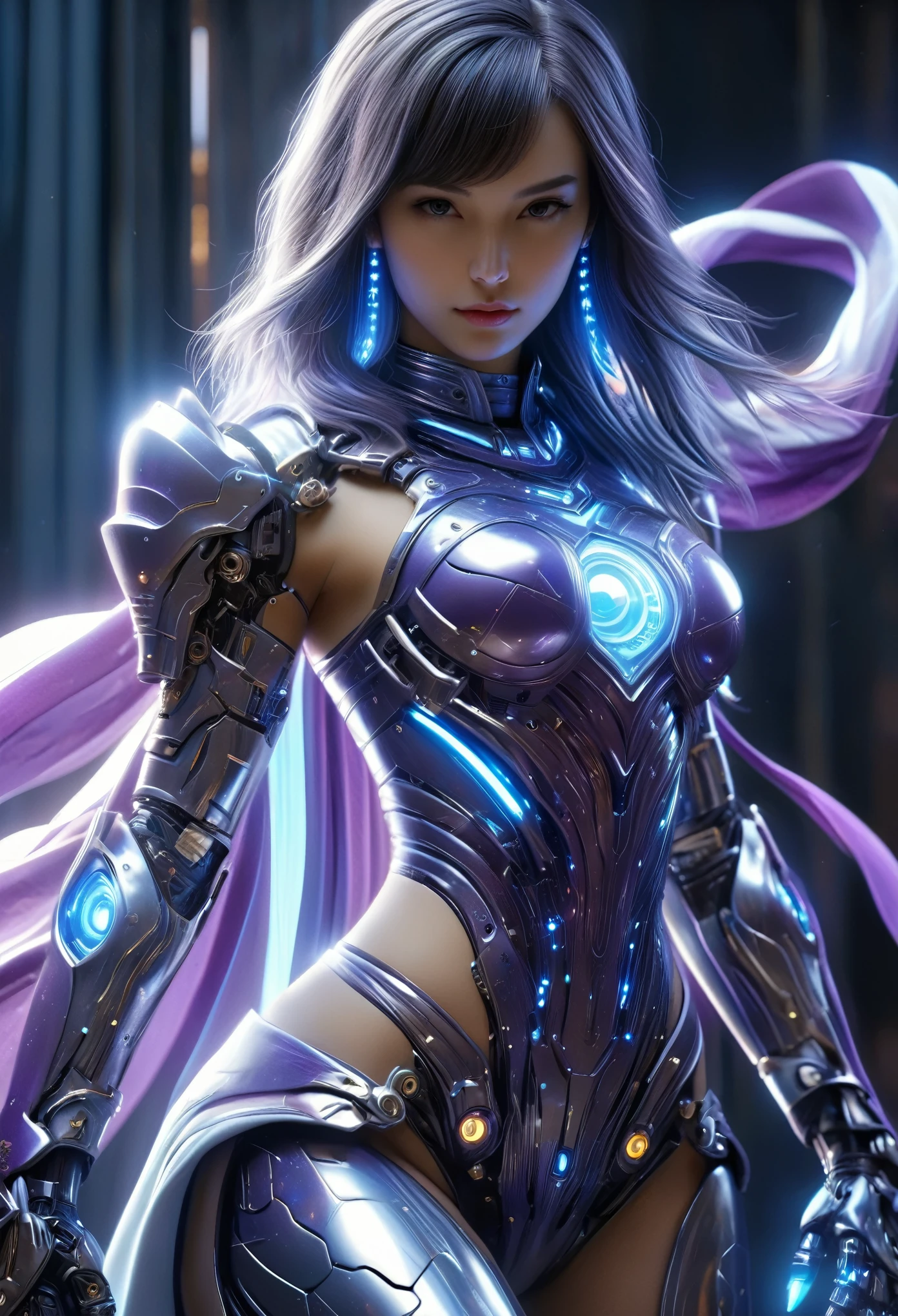 (Best Quality, 4K, 8K, High Resolution, Masterpiece: 1.2), (Super Detailed, Realistic, Photorealistic:1.37), A woman in futuristic clothing, (erotic and sexy:1.4), Trending on cgstation, Trending on cgstation, (Portrait of a girl in the Knights of the Zodiac:1.4), (blunt bangs:1.7), Cute Cyborg Girl, Perfect android girl, Portrait Astronaut Girl, Beautiful girl cyborg, Girl wearing iridescent sky blue and purple and white mechanical cyber armor, Game CG, cgsociety and fenghua zhong, Beautiful Cyborg Shrine Maiden, Bioluminescence, (Gal Gadot:0.6), Anatomically correct grip, Anatomically correct four fingers and one thumb, (long claws:1.4), erotic and sexy, A gorgeous cape with beautifully detailed embroidery, energy ball