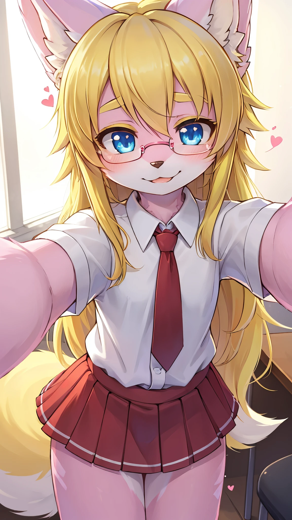 best quality,best resolution,solo,(fluffy anthro furry :1.6),(young :1.8),fox girl,flat chest,(yellow hair :1.6),long hair,messy hair,blue eyes,glistering eyes,sparkle eyes,(pink fur :1.6),(white short arms shirt with red tie),(red skirt),glasses,ribbon hairpin,beautiful classroom,light and shadow,full face blush,heart expression,heart eyes glow,shy face,close up,wavy mouth,close eyes,two hands selfie,standing