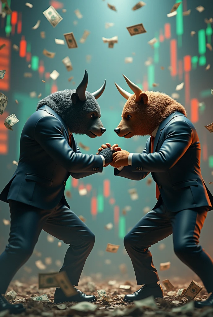 3D color image of a man with a bull's head and another man with a bear's head wearing a suit, both are in arm wreatling pose with a background of share market candlesticks, stock market charts, dollar bills flying around, and falling stock prices