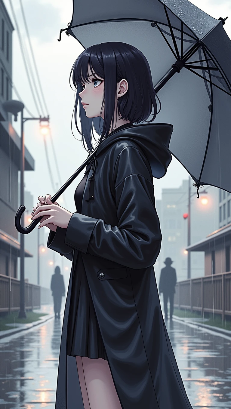 ((True best masterpiece, Ultimately perfect quality, Extremely delicate details)), ((Rainy days, Sorrow, Fantasy)) A skinny girl with small bust, Wearing a black rain-coat, Using an umbrella, Standing solely, Looking up the gloom sky, Profile