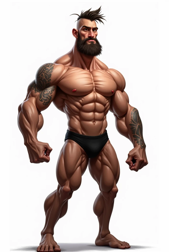 
Caricature, handsome man,semi-realistic, huge muscles,shirtless, topless, muscle,wearing black underwear ,huge pectoral, tribal tattoos in his left sleeve, white background