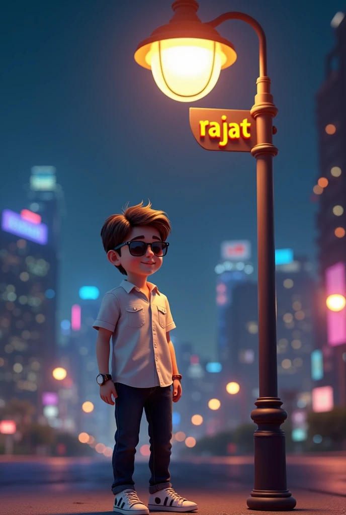 "Create 3D realistic image of Boy standing beside a light lamp pole in a night city setting, wearing a white shirt, pants, sunglasses, and a watch. The lamp pole should prominently display 'rajat ' written clearly. Background should feature a scenic view of the night city skyline."