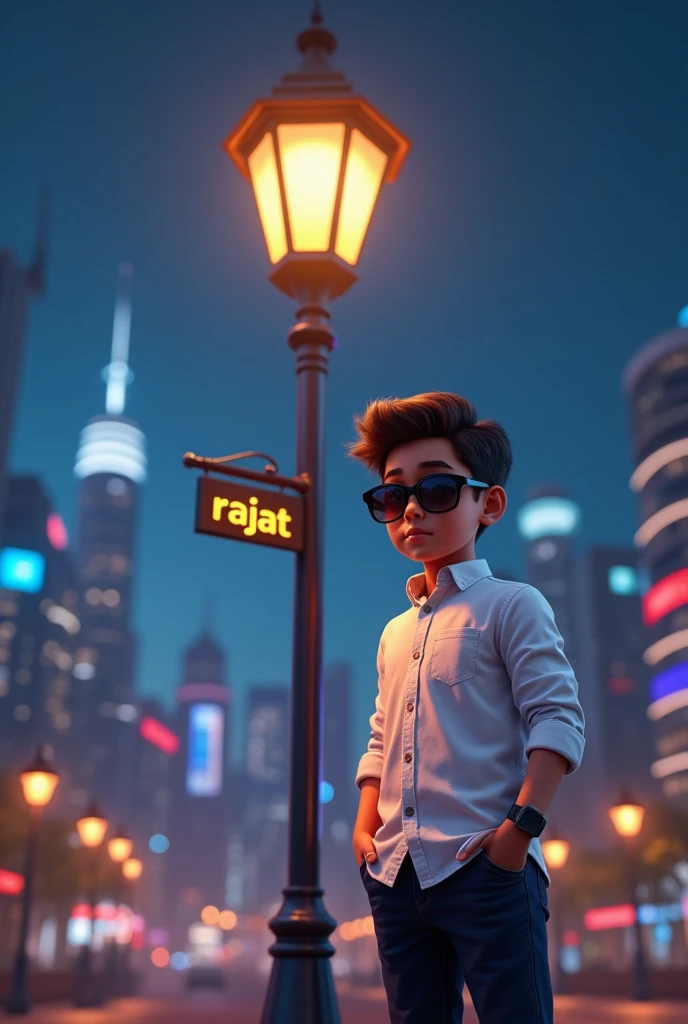 

"Create 3D realistic image of Boy standing beside a light lamp pole in a night city setting, wearing a white shirt, pants, sunglasses, and a watch. The lamp pole should prominently display 'rajat ' written clearly. Background should feature a scenic view of the night city skyline."