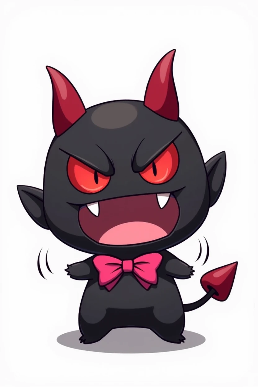 Create a mascot that resembles a small demon, A ball with dark red horns and red eyes, Black and wearing a pink bow, The expression on his face shows anger. Like Pokemon, white background, no shadow 