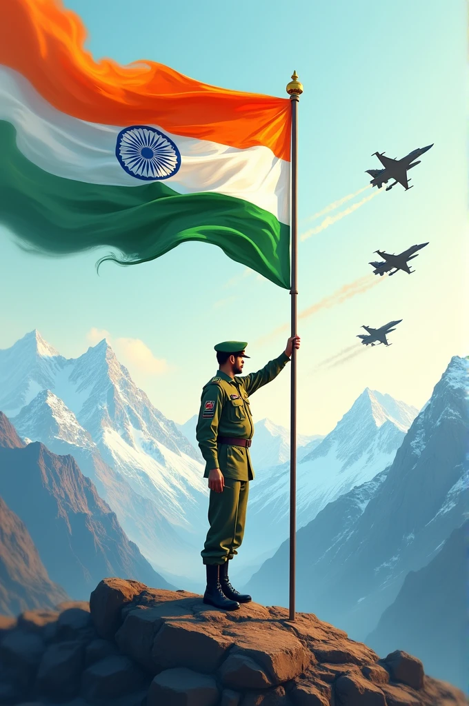 An Indian soldier solutes indian flag and in background there is mountains outside the border and sky colour is like flag colour, there is fighter planes in sky flying and there smokes colour is safron white and green, up there written happy 78th independence day like headlines 