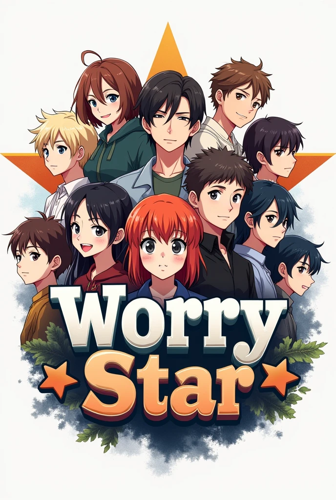 Create me a realistic t shirt logo. Where typed Worry Star. front side image has many male and female anime characters.