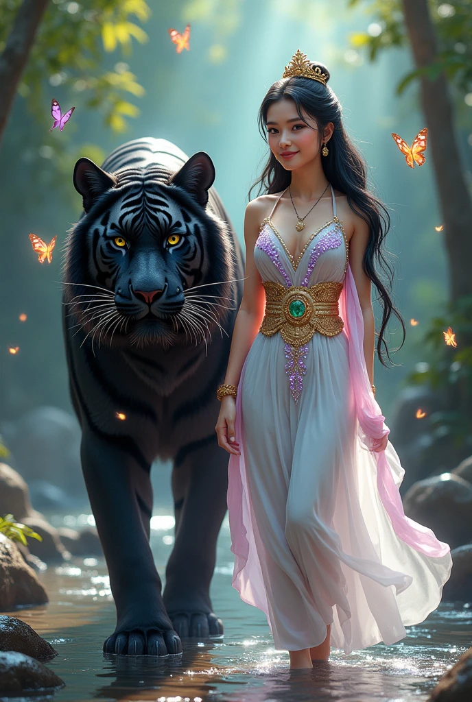 full lenght hiper 4k Full body image of a young woman, beautiful face, gentle and soft, white skin, 21 years old, long black hair, wearing a white ancient Dusit Thai dress with purple and pink sparkles, a black and gold sarong, a beautiful and exquisite nine-pointed belt, a white and gold shoulder shawl, sparkling. Full body image, wearing a small crown on her head decorated with emeralds, glowing light, aura around her, on the side there is a huge black tiger with emerald eyes, wearing gold accessories walking beside the young woman, in the middle of a small stream, there are colorful butterflies flying around, glowing light, sparkling beautifully. Oil painting, 3D image, beautiful and sharp. Art image of Professor Chalermchai