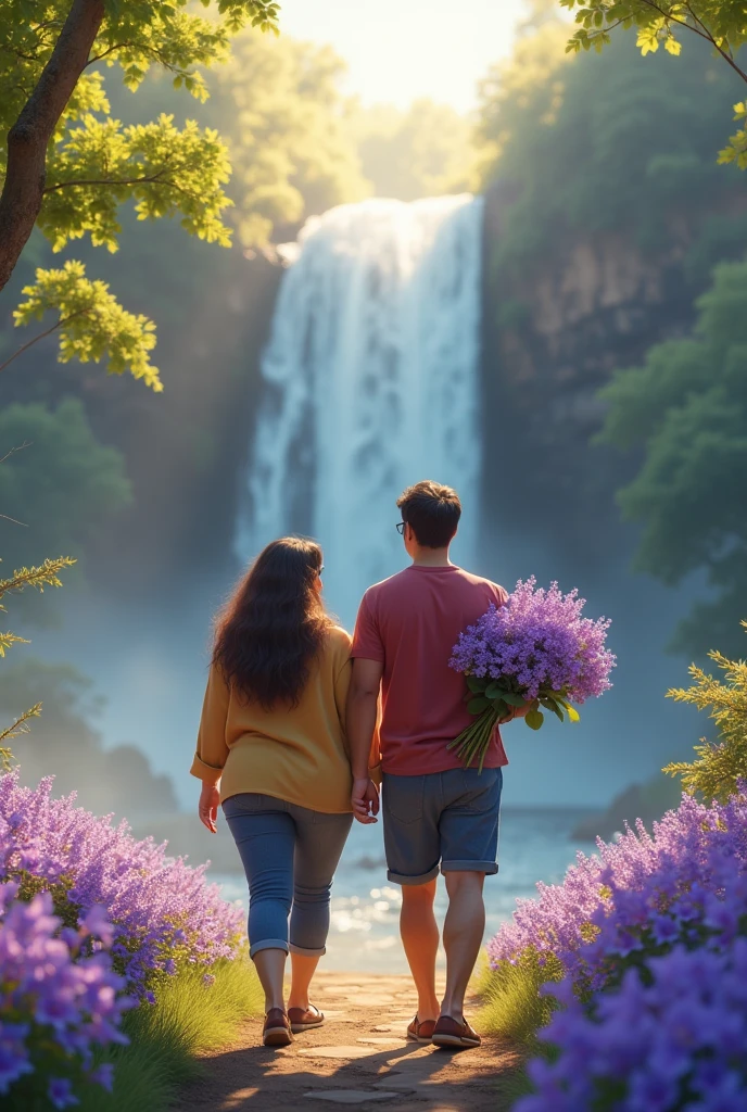 Image a plus size women and a slim man wearing specks and looking at her happily they are walking towards the waterfalls and he is caarying that violet flowers for her in a beautiful water fall in forest around violet flowers morning time with mist