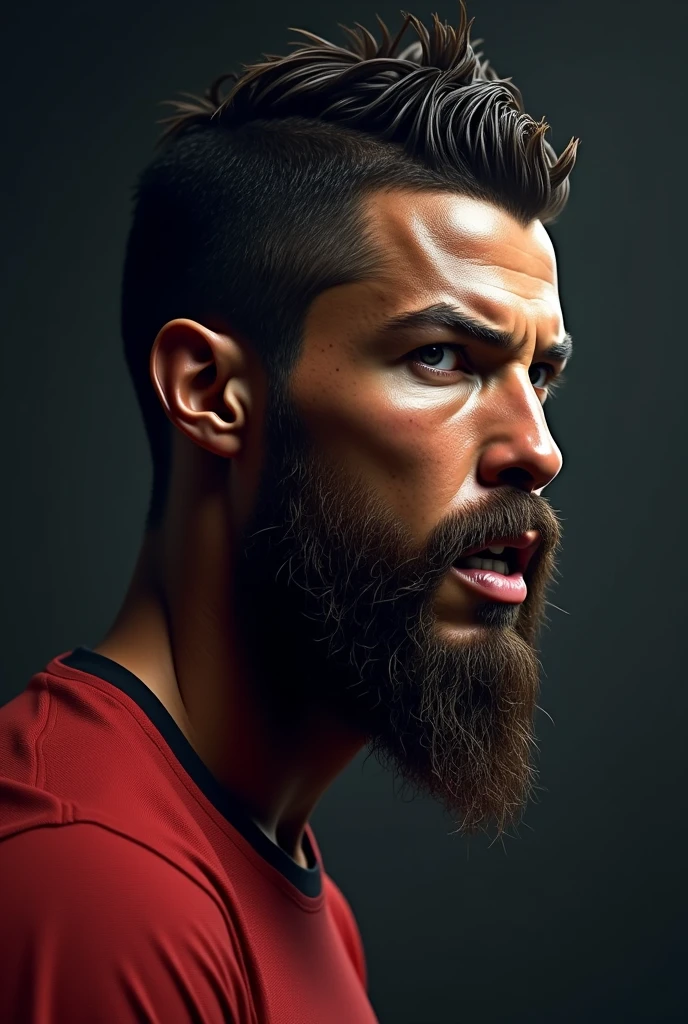 CRISTIANO RONALDO from the right profile with a long goat beard, very angry